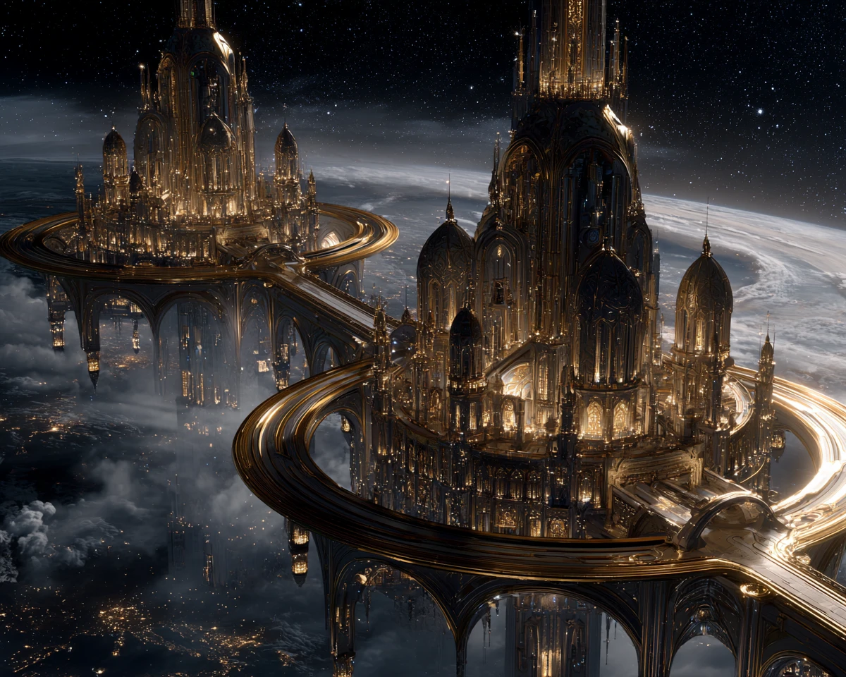 Futuristische goldene Weltraumzitadelle über einem Zwielichtplaneten