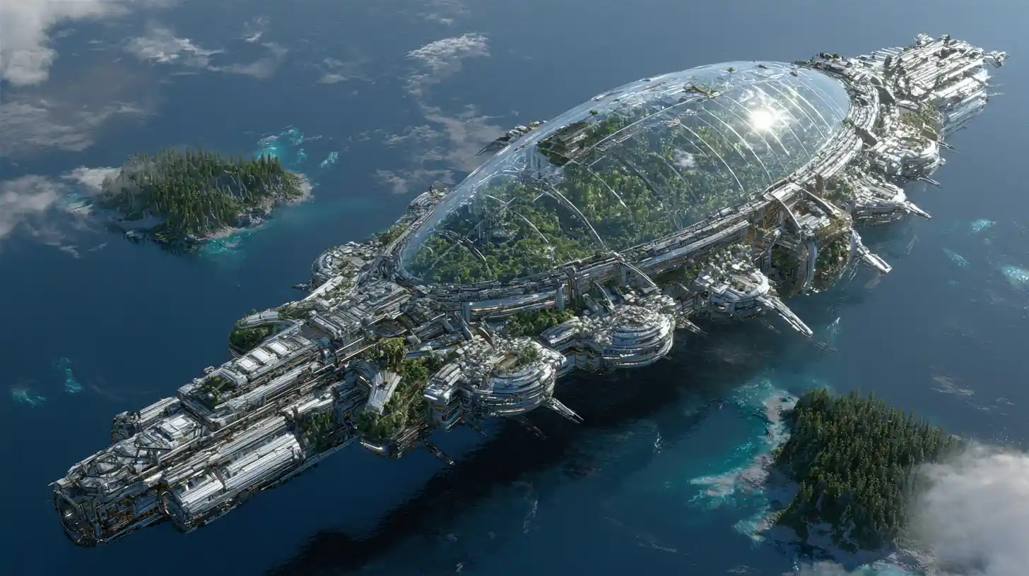 Vaste vaisseau générationnel colossal avec écosystèmes terrestres sous dômes vu de dessus