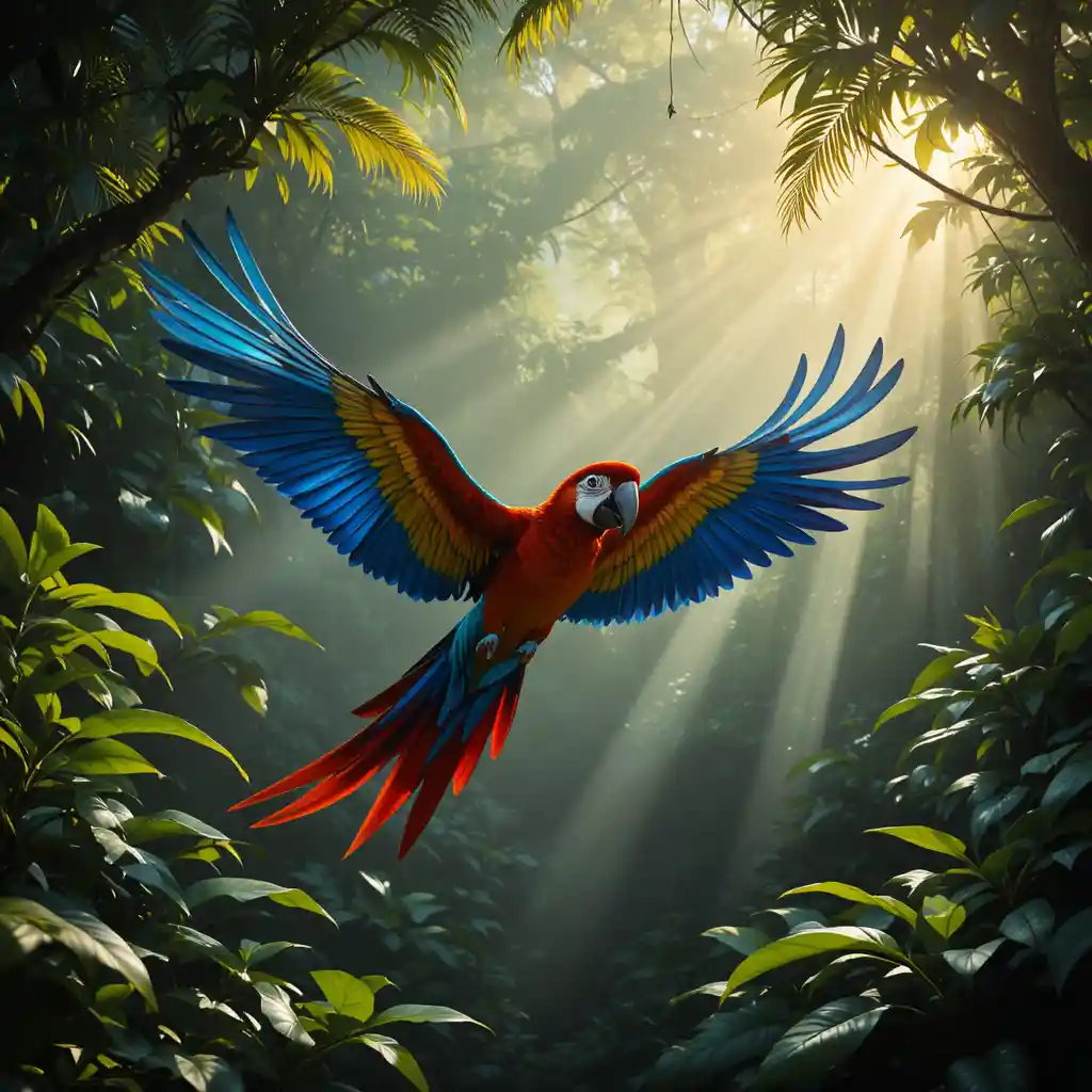 Colorful macaw flying through lush Brazilian rainforest canopy