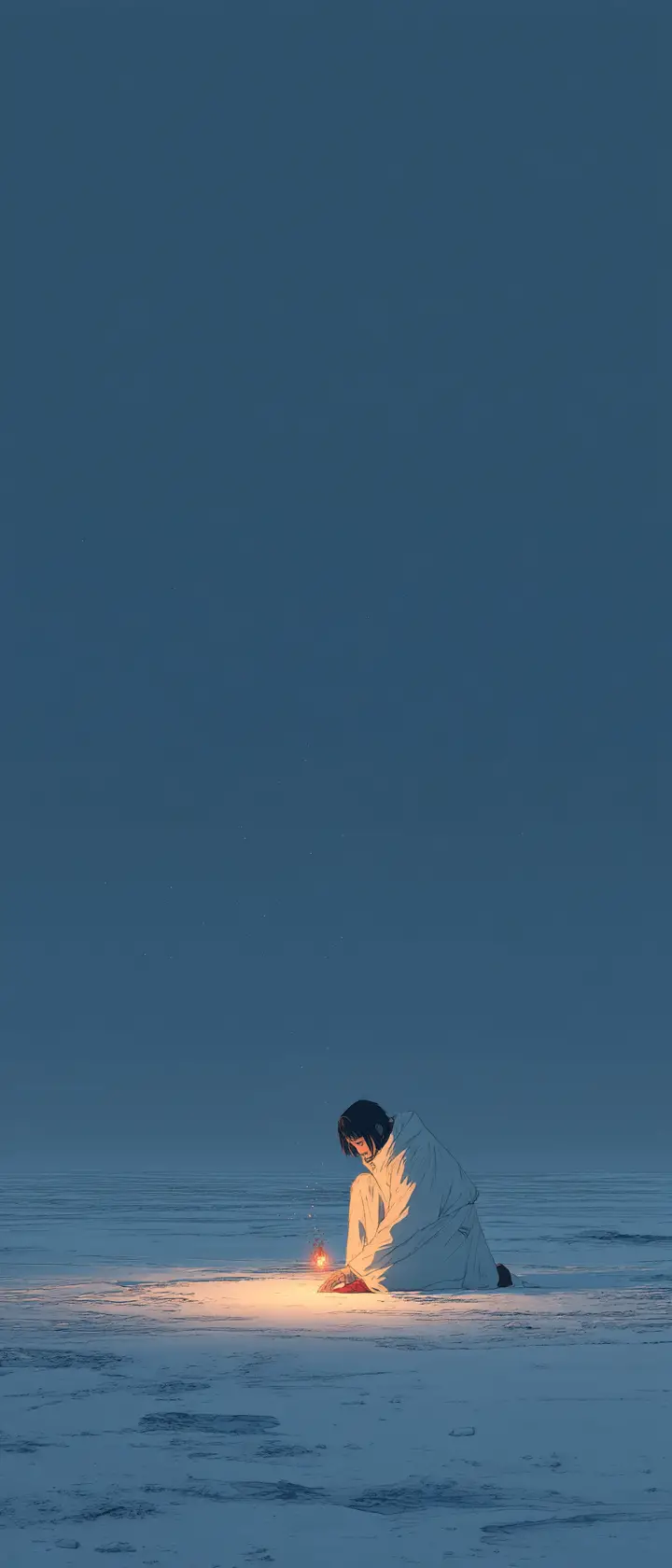 Solitary figure kneeling in a vast polar snowfield