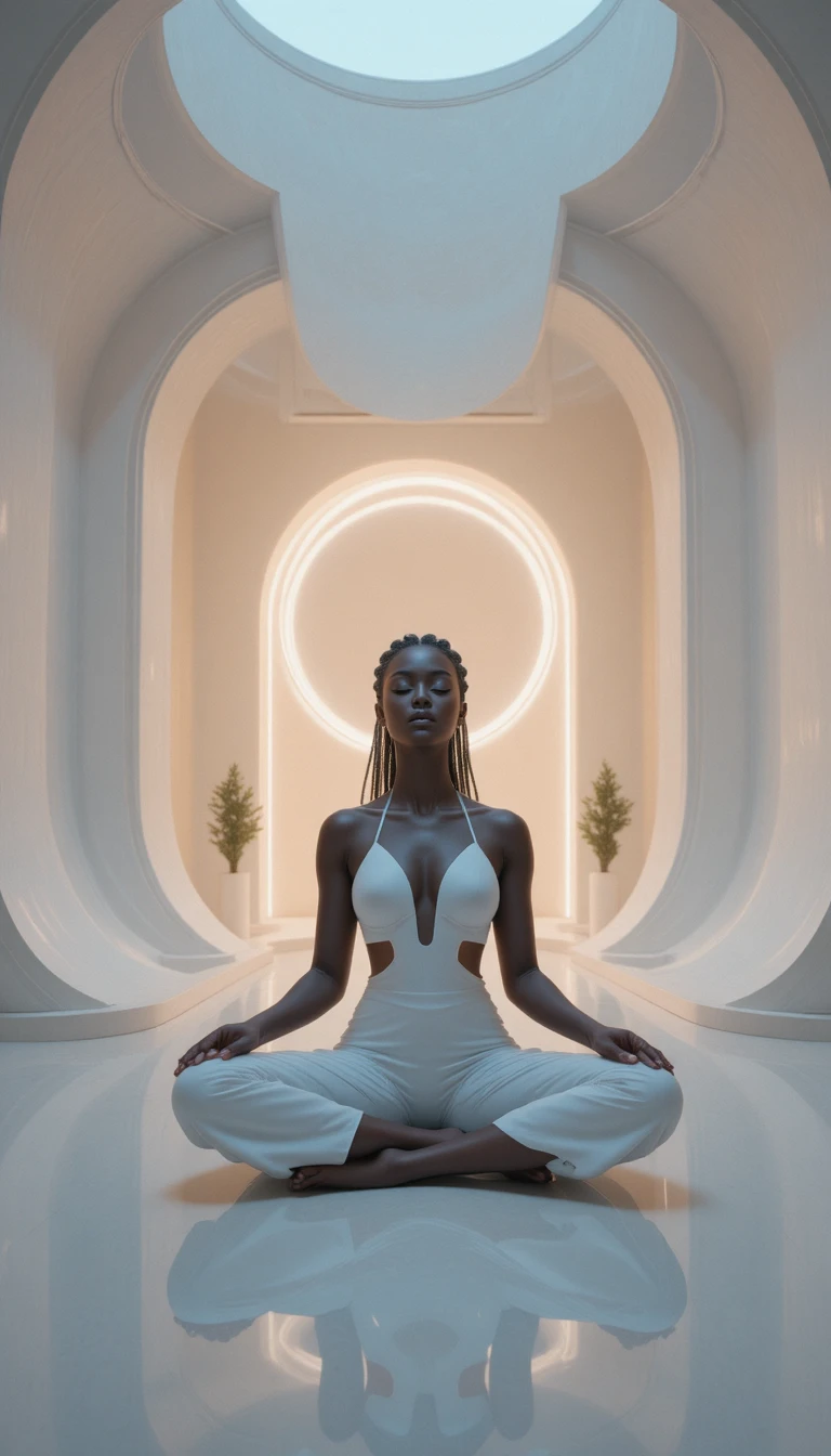 Mulher afrofuturista calma meditando em um interior minimalista