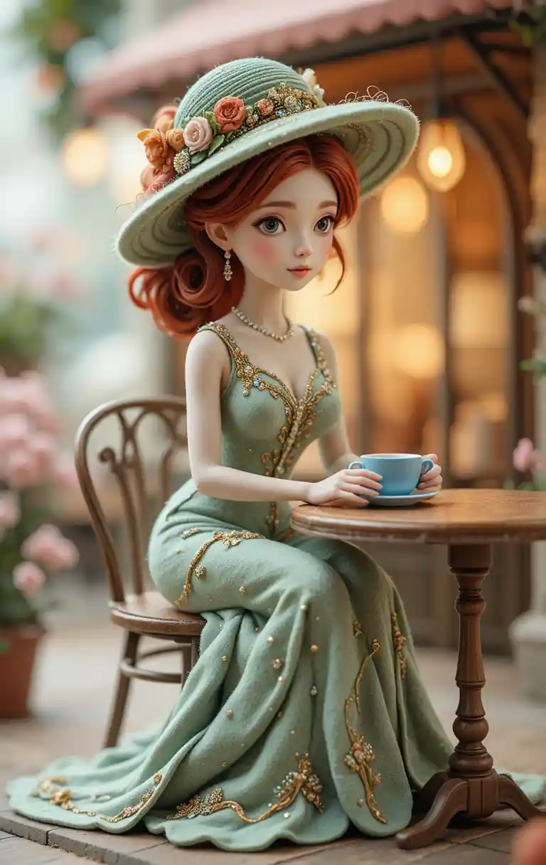 Elegante mujer de fieltro en una diminuta mesa de café