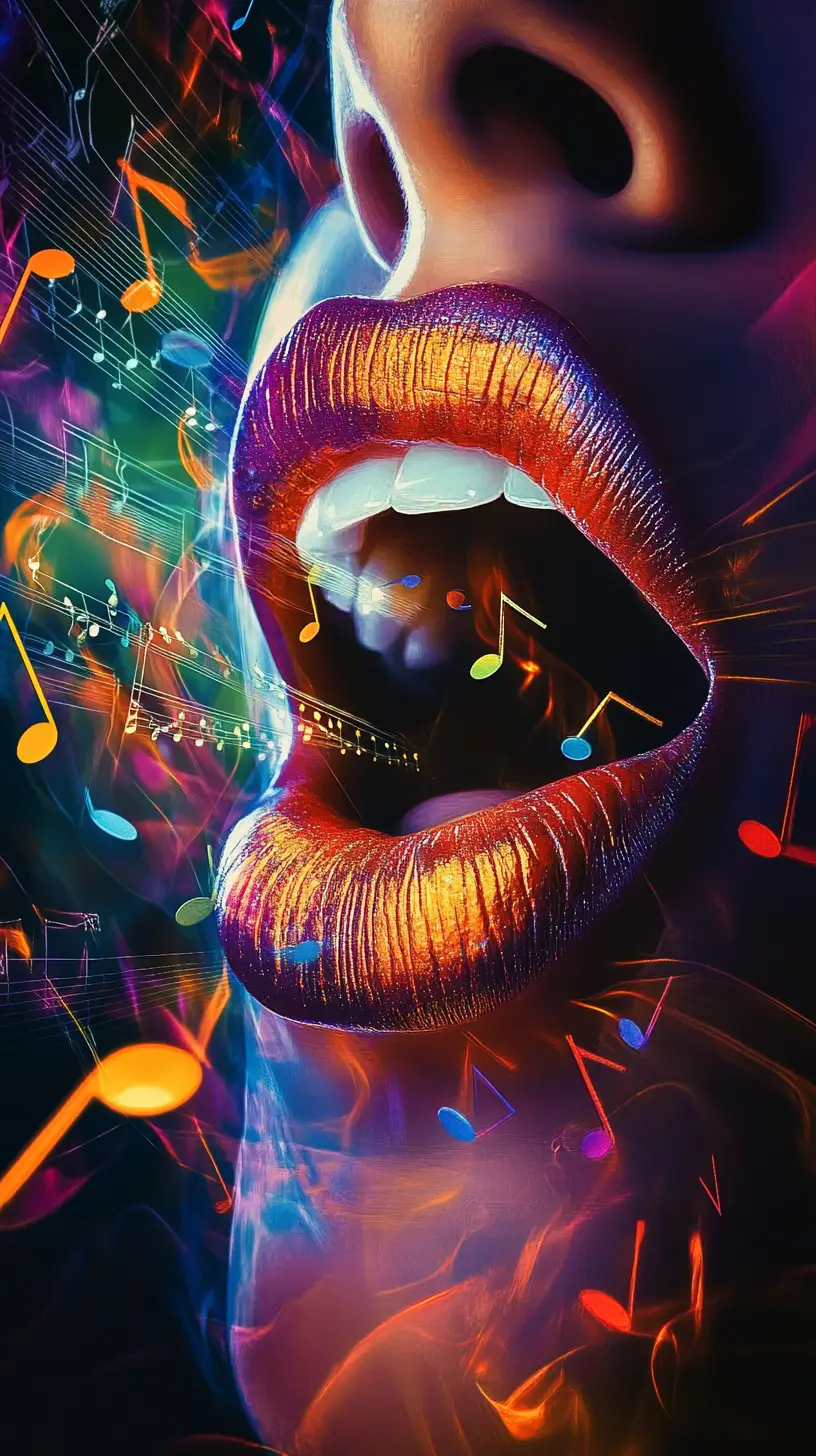 Surreal mouth releasing floating musical notes in color