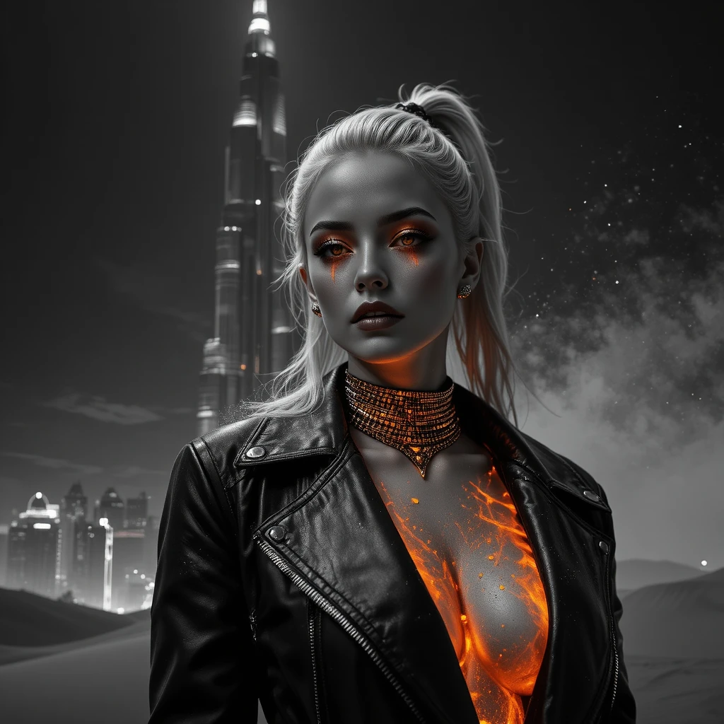 Mujer neo noir bajo el Burj Khalifa a medianoche