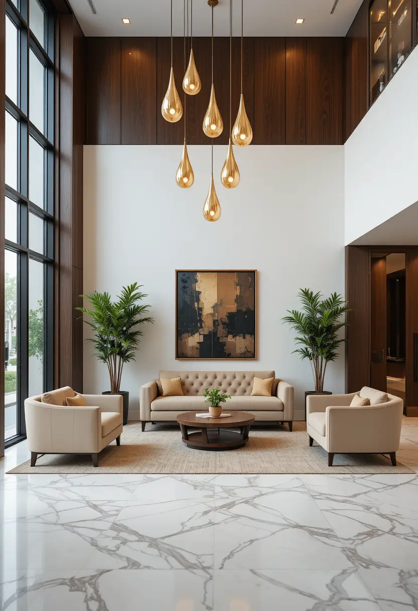 Warm lounge with tufted sofa and gold pendant lights