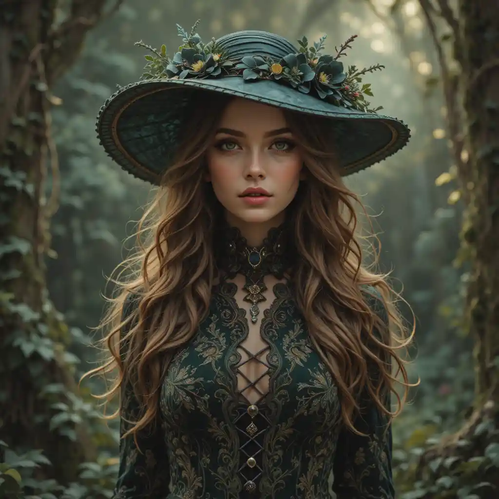 Victorian fairy woman in green velvet dress and lace boots