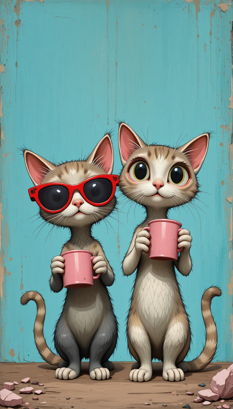 Quirky cartoon cats with pink mugs on blue background