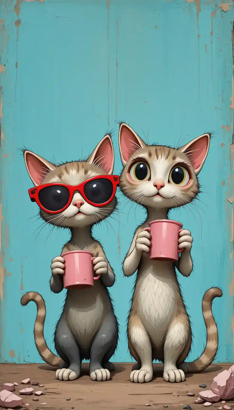 Quirky cartoon cats with pink mugs on blue background