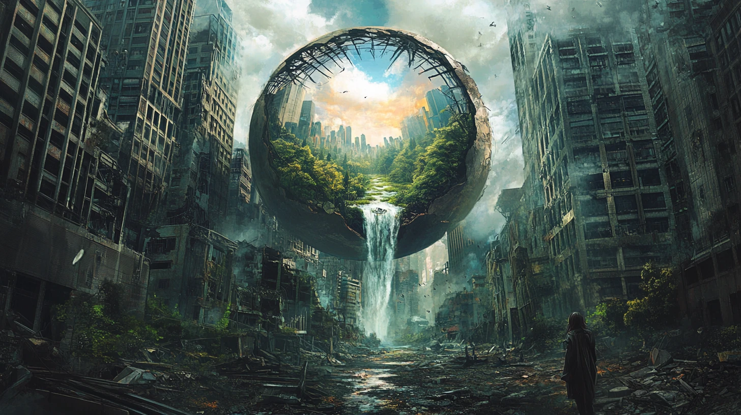 Ruined City With Giant Egg Cracking Into Lush Forest