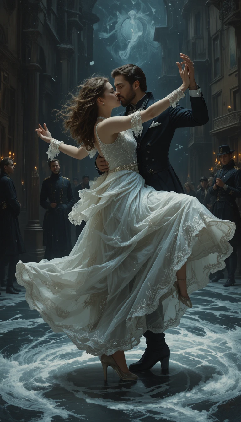 Baroque dancer poised on thin ice in dramatic chiaroscuro