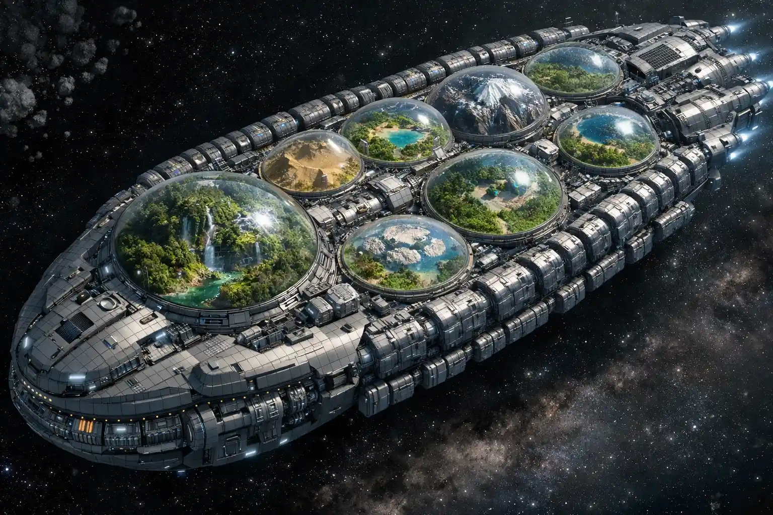 Kolossales Generationsraumschiff mit kuppelartigen Habitaten im All