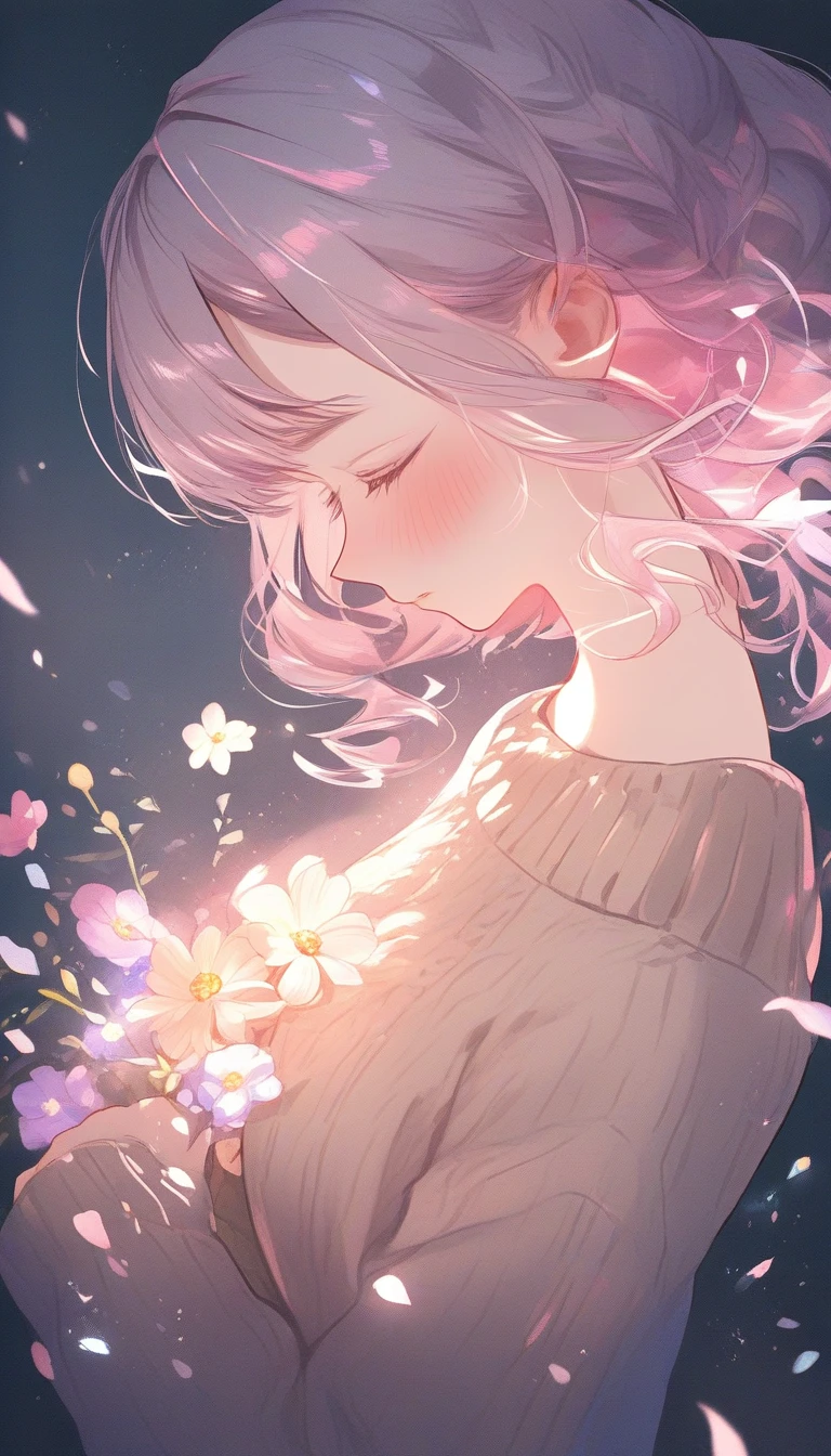 Girl Holding Pink Flowers In Soft Pastel Storybook Style