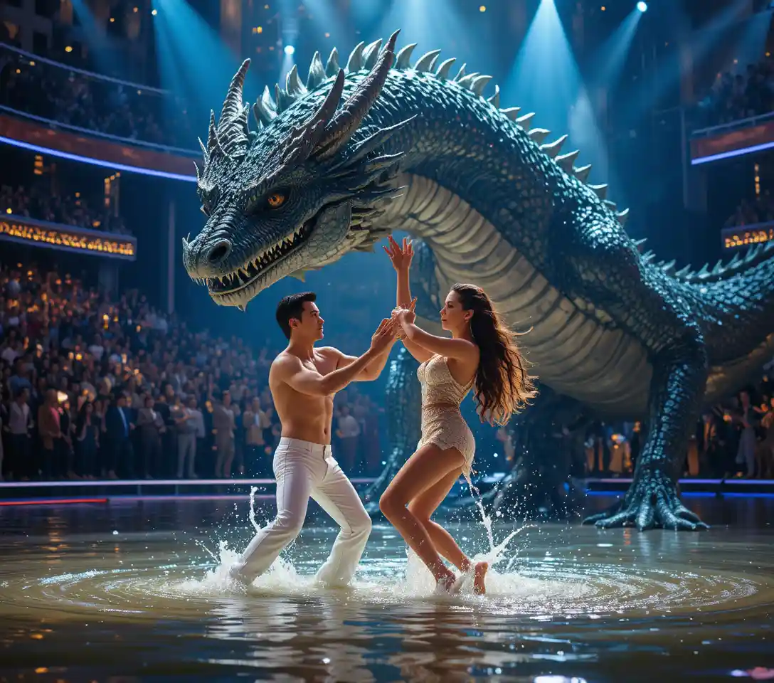 Dance battle lift on a vibrant spotlight stage