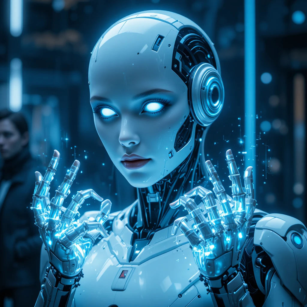 Futuristic humanoid robot with blue eyes and holograms