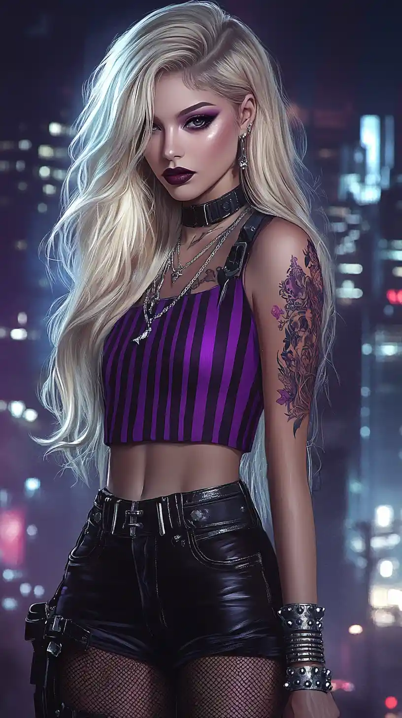 Blond tattooed woman in cyberpunk city night portrait