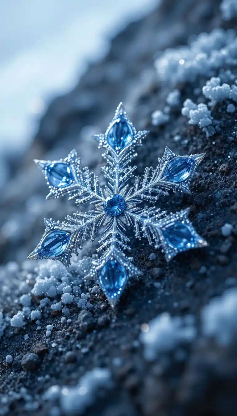 Vue macro d’un flocon de neige détaillé sur un sol hivernal sombre
