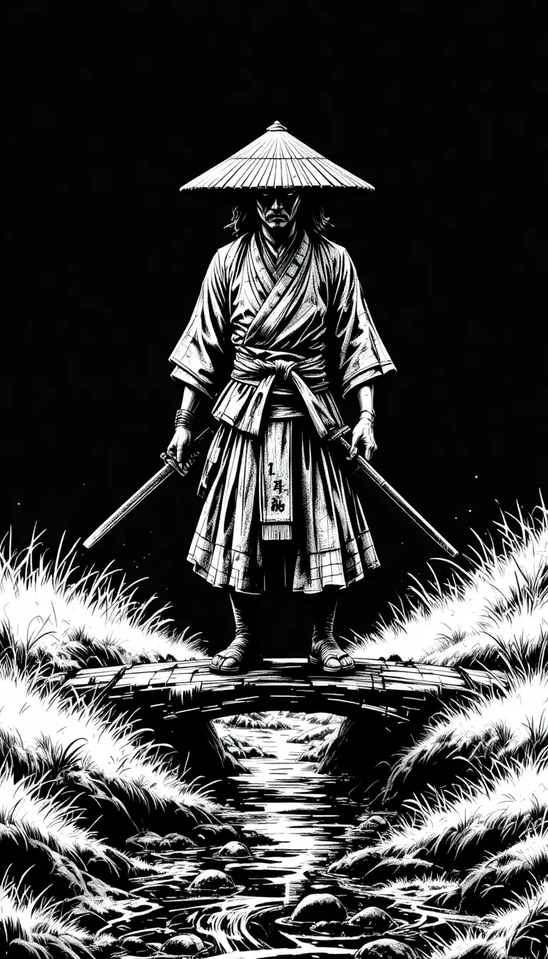 Samurai On A Wooden Bridge Above A Reflective Stream
