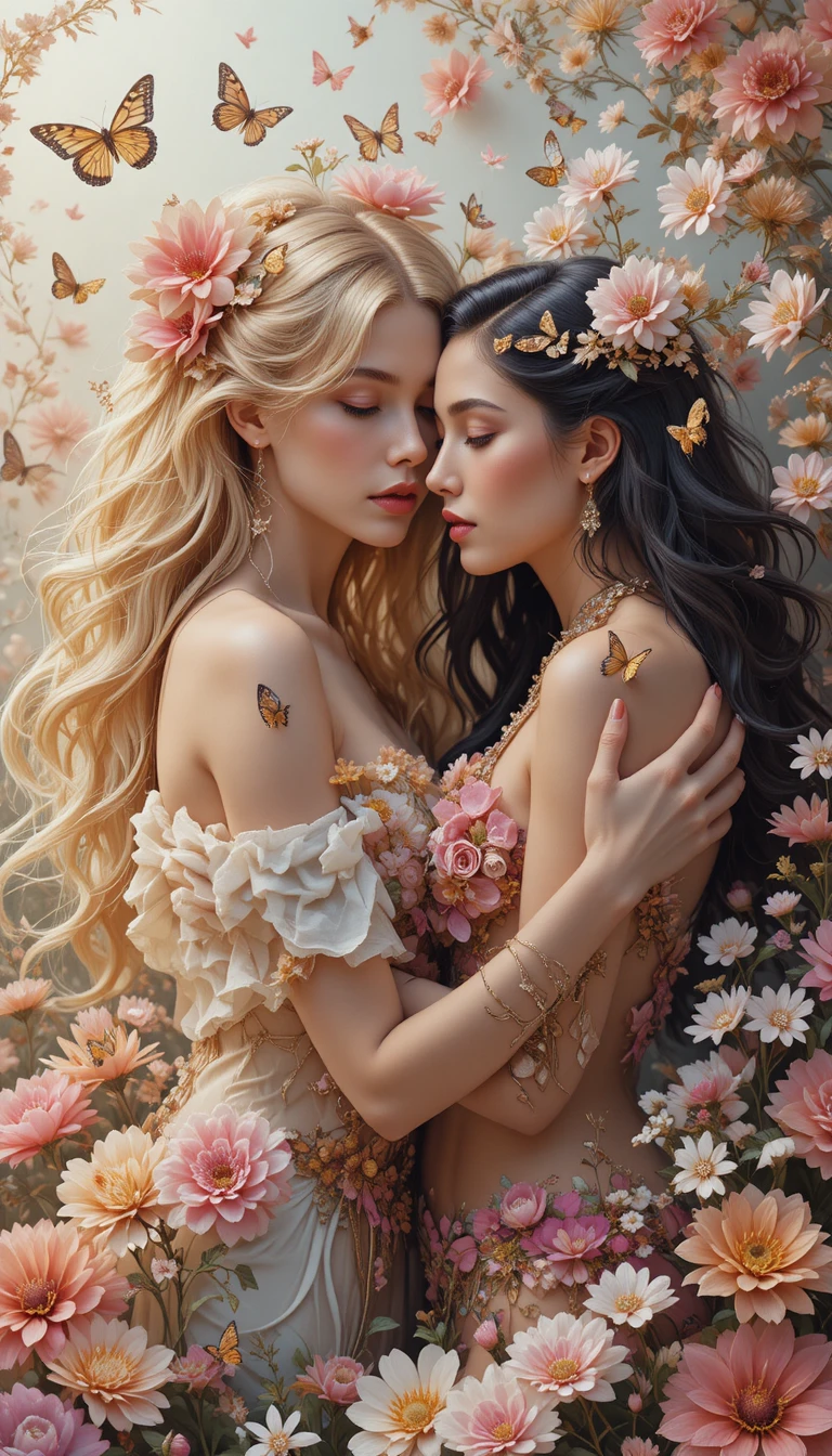 Dos mujeres abrazadas, rodeadas de flores y mariposas