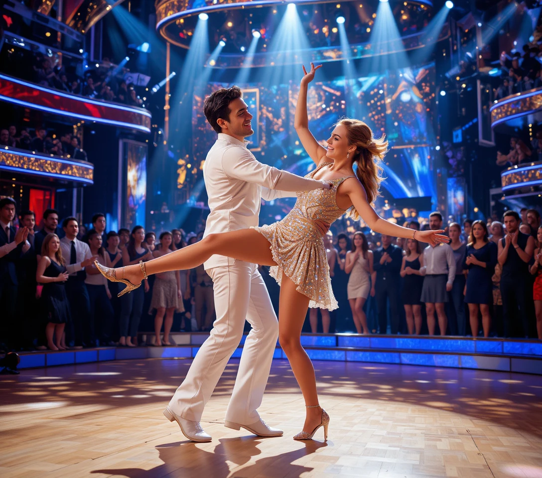 Dance battle lift on a vibrant spotlight stage