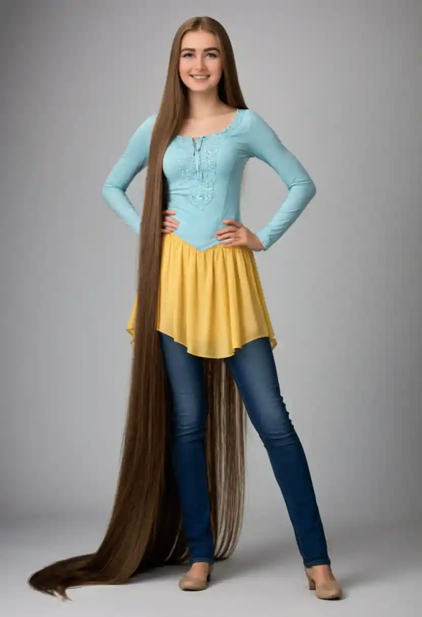 Teen girl with extremely long floor length brown hair