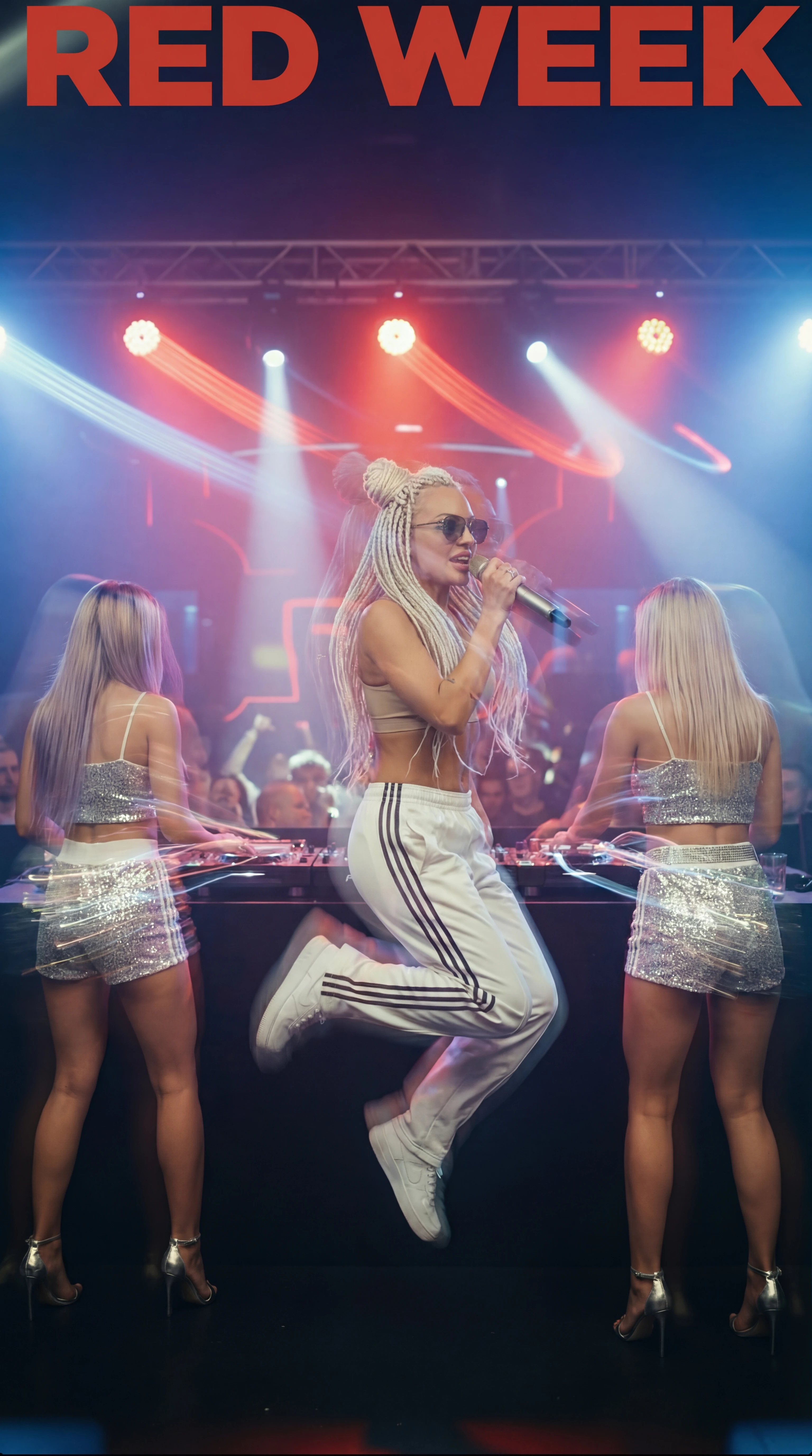 Energetic girl singing on stage at a club party