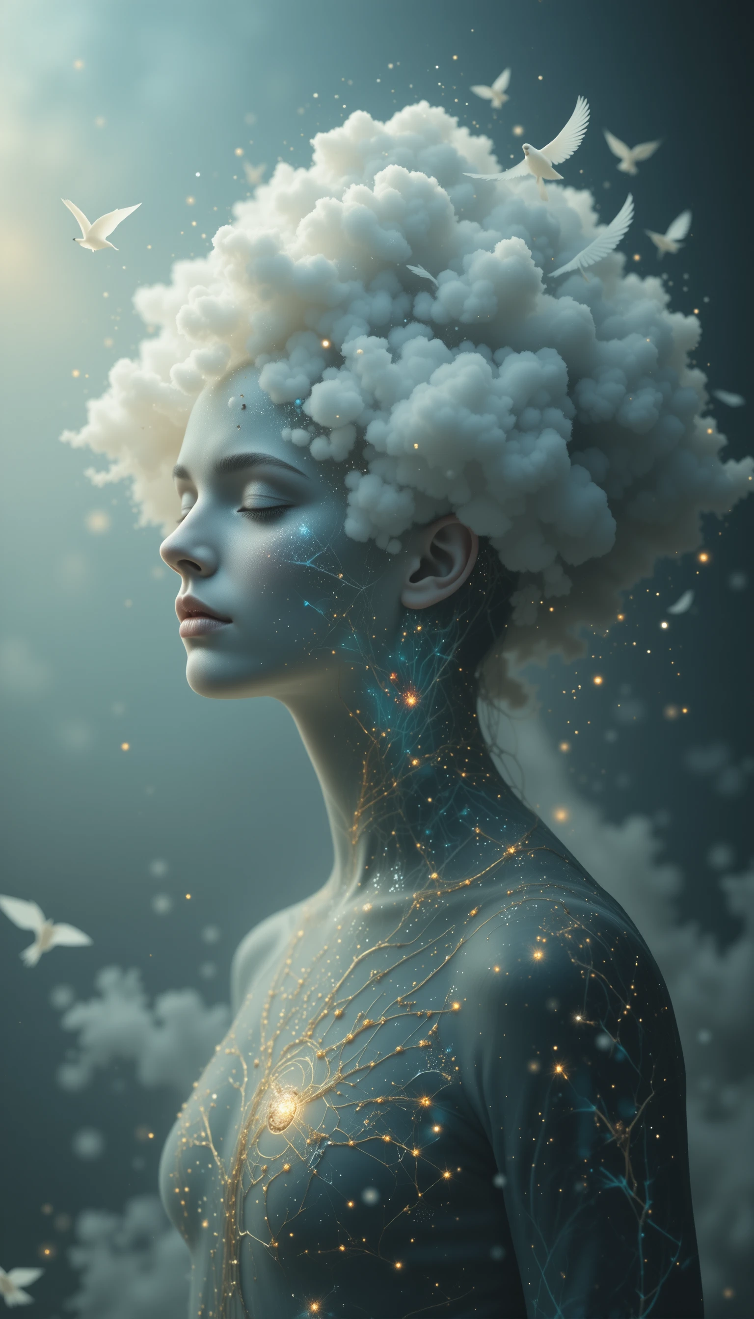 Surreal woman with cloud head in tranquil dreamscape