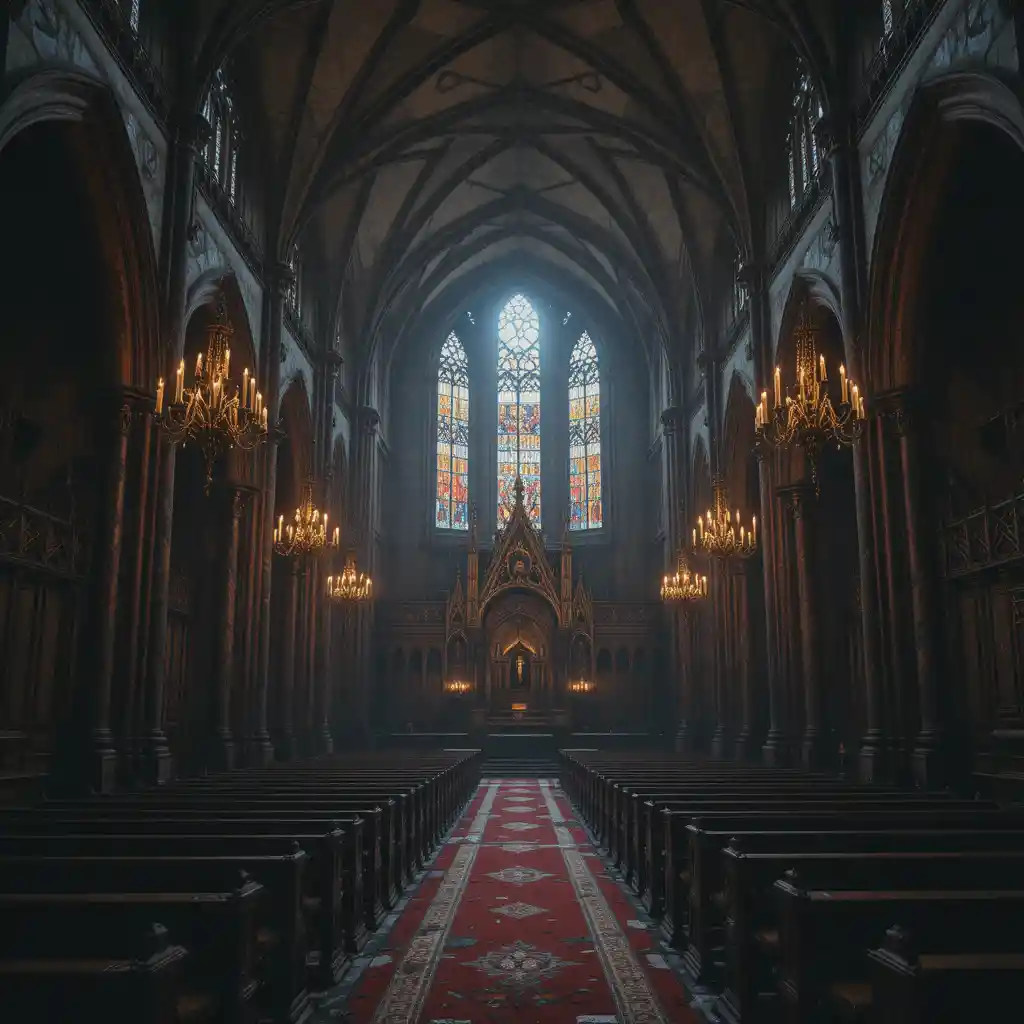 Forgotten gothic cathedral interior lit by candle chandeliers