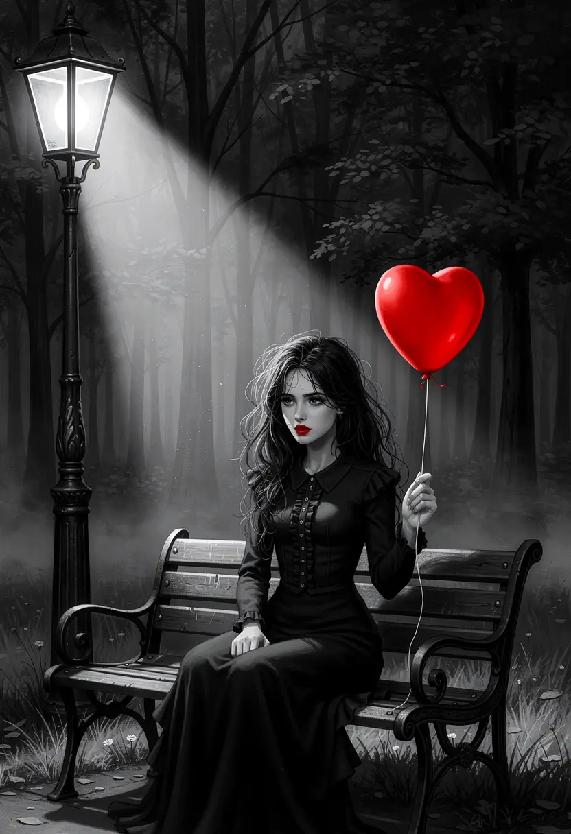 Somber woman with red balloon under vintage street lamp
