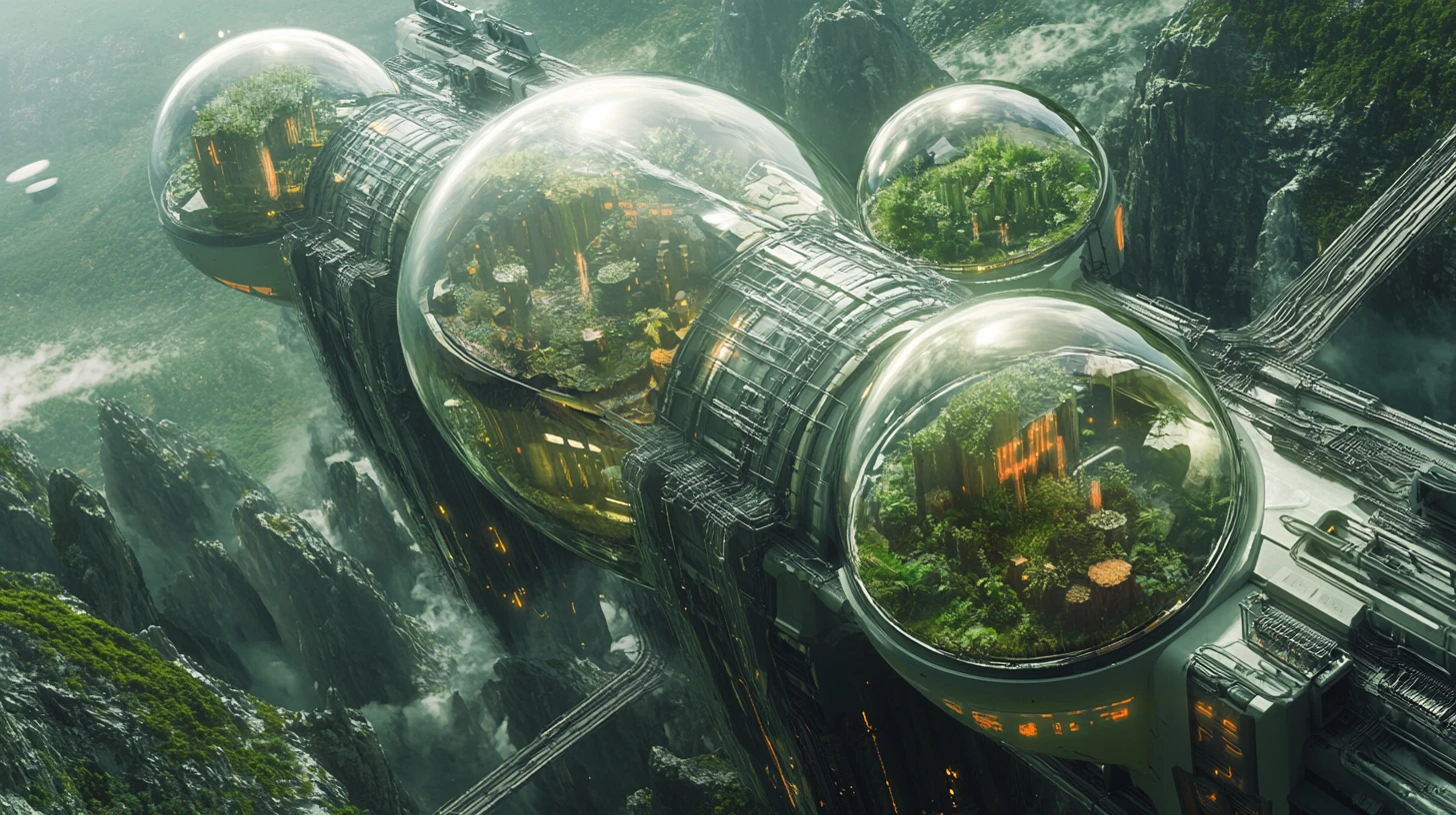 Colossal generation ship carrying domed Earth ecosystems in space