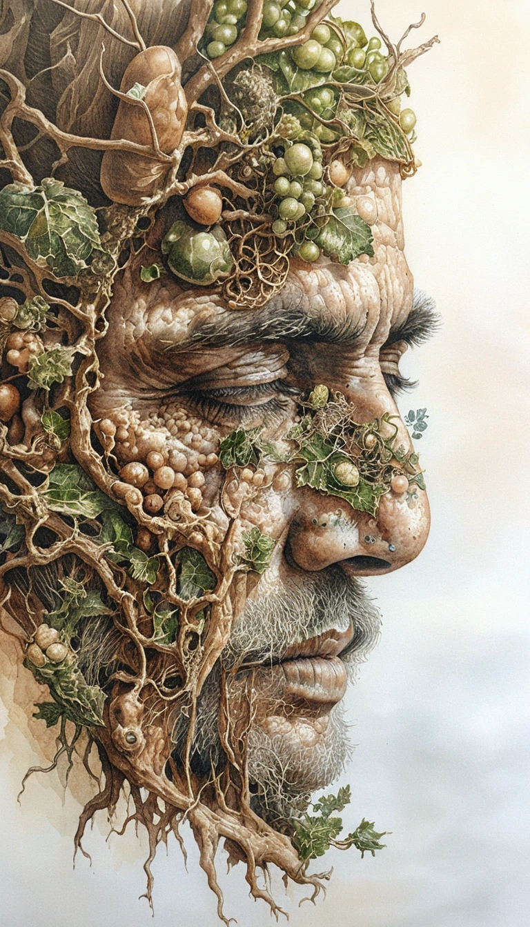 Anciano de perfil fusionado con hiedra y corteza de bosque