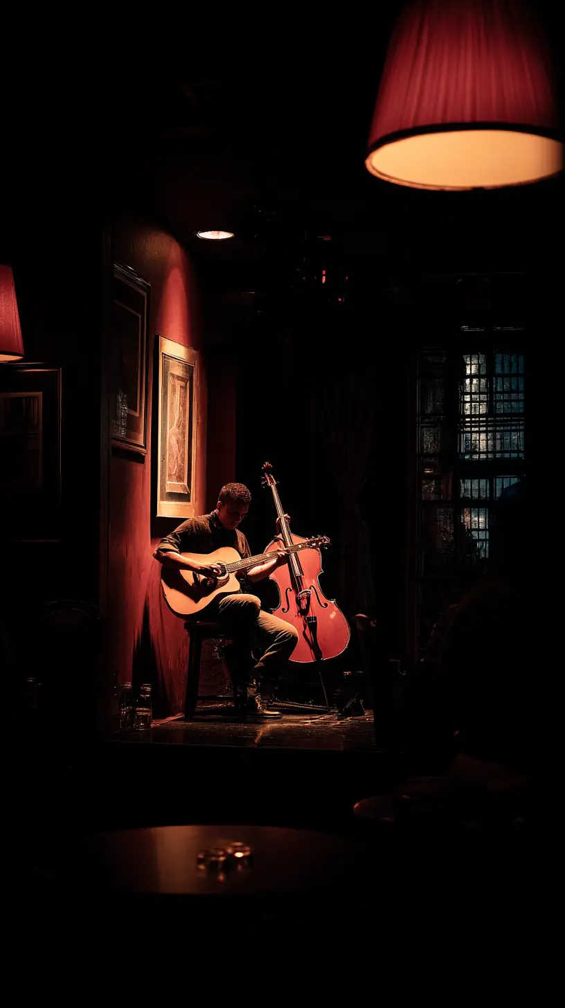Solo musician on stage in a dimly lit jazz club