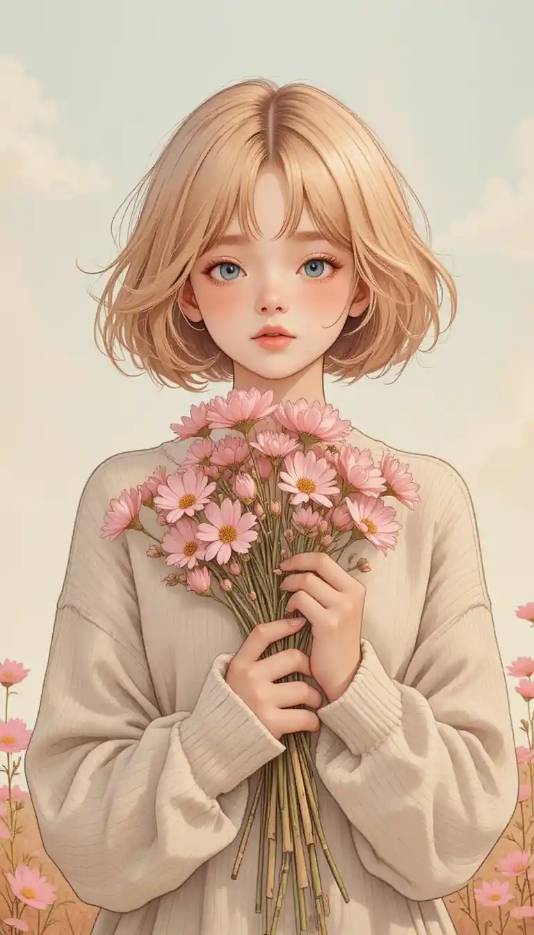 Mädchen hält zarte rosa Kosmeen in einer Pastellillustration