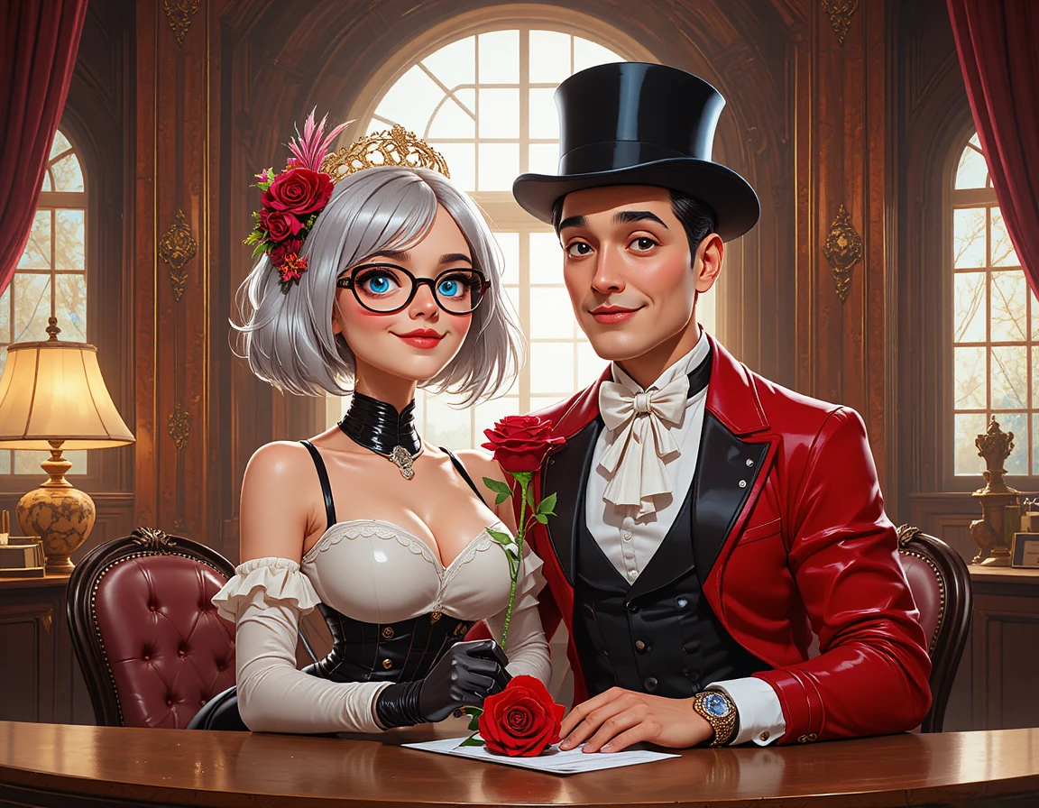 Smiling tv hosts in costume against red brick backdrop