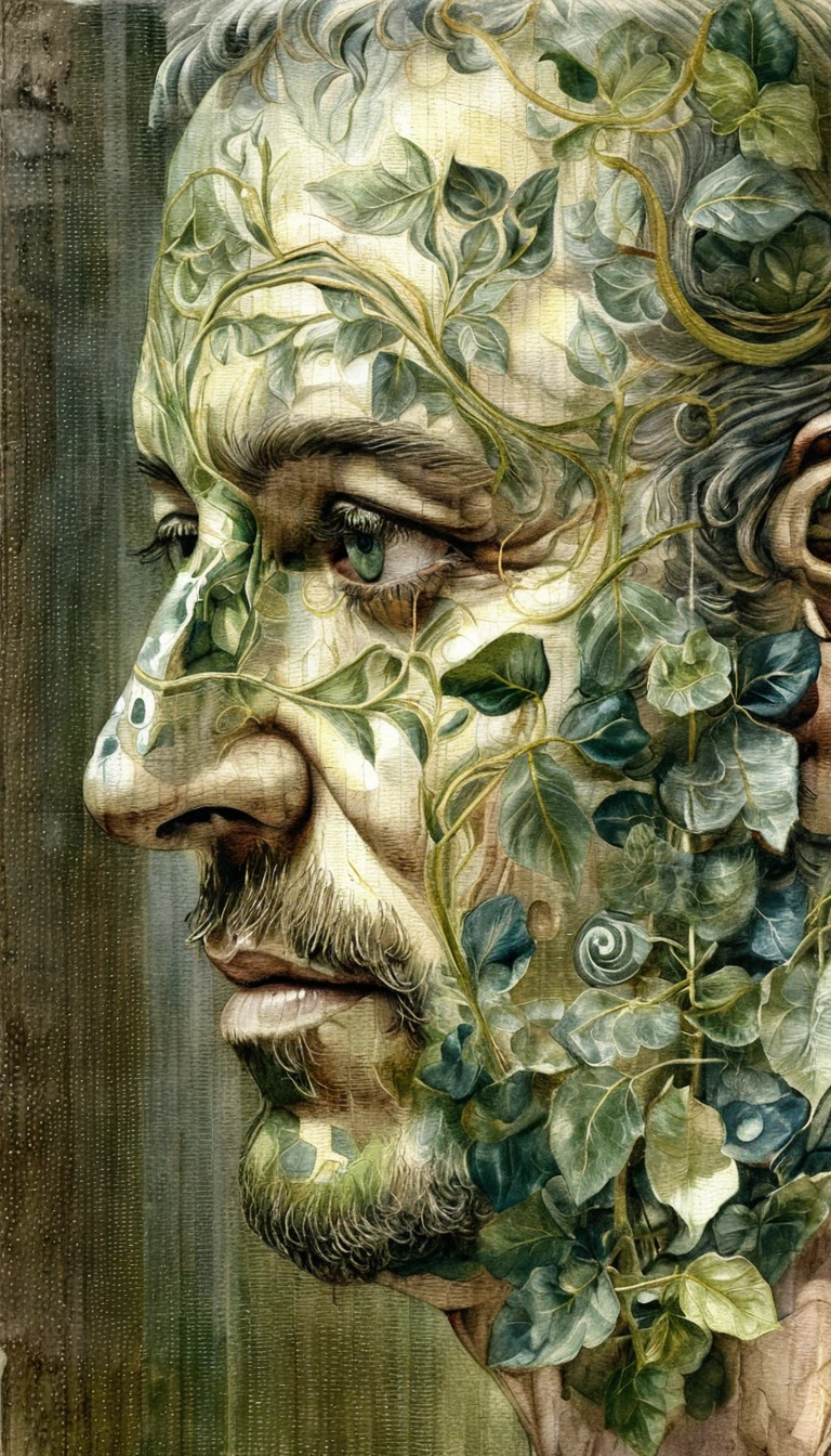 Retrato surreal en primer plano de un anciano fusionado con hiedra