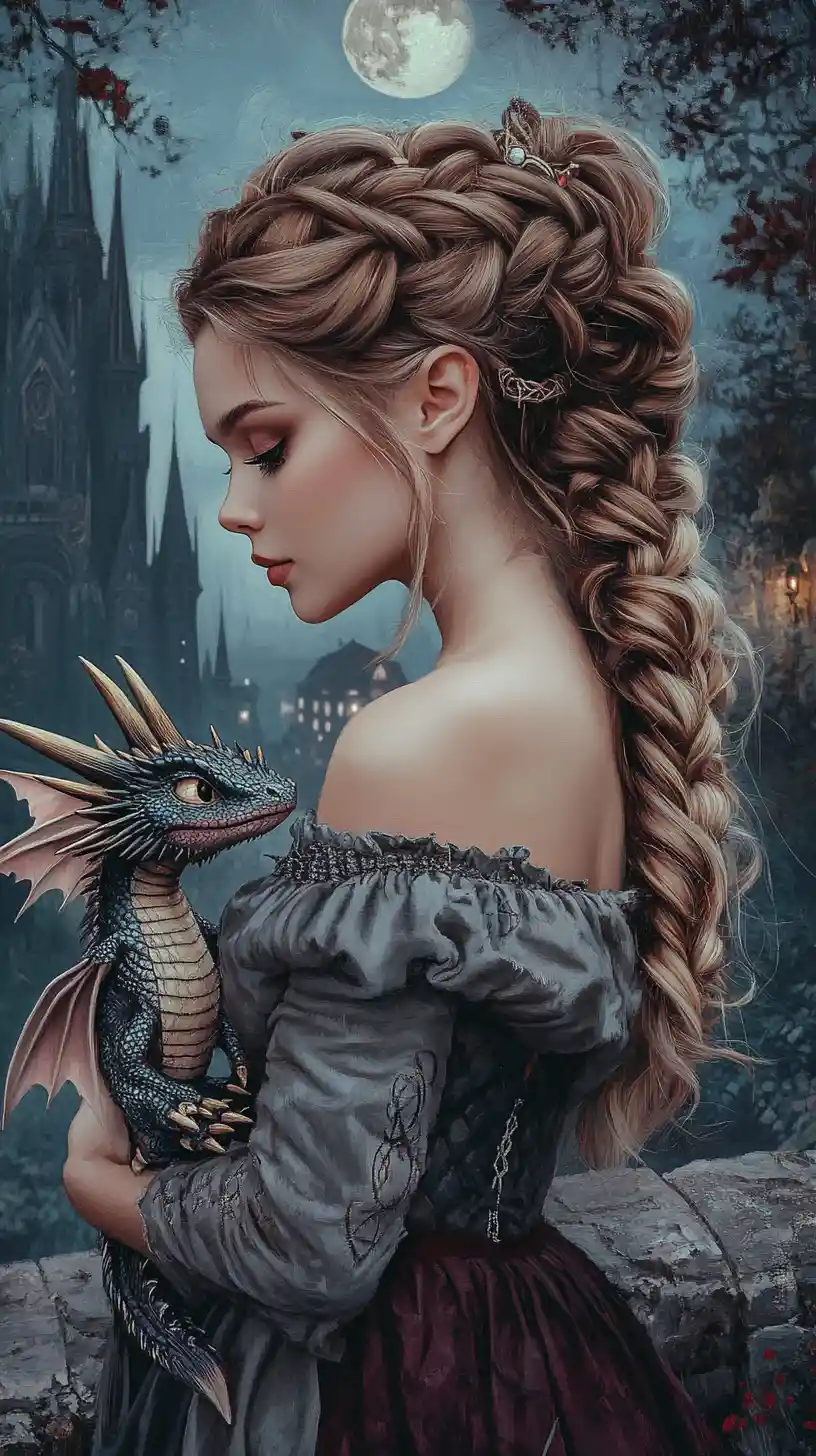 Donna ispirata ai vichinghi che tiene un piccolo drago nella notte