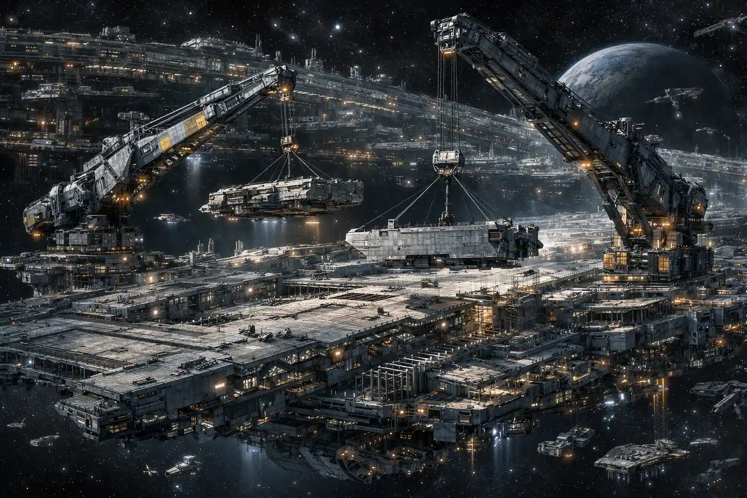 Colossal spaceship under construction in deep space factory
