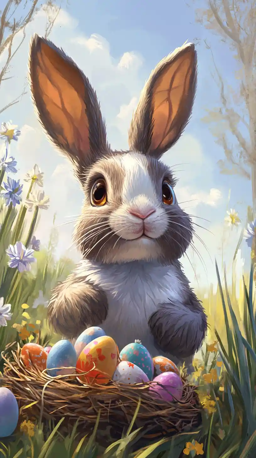 Curious Easter rabbit with colorful eggs in spring meadow