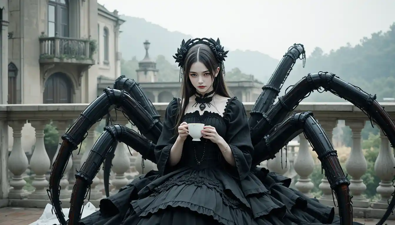Gothic spider woman reading quietly on a terrace