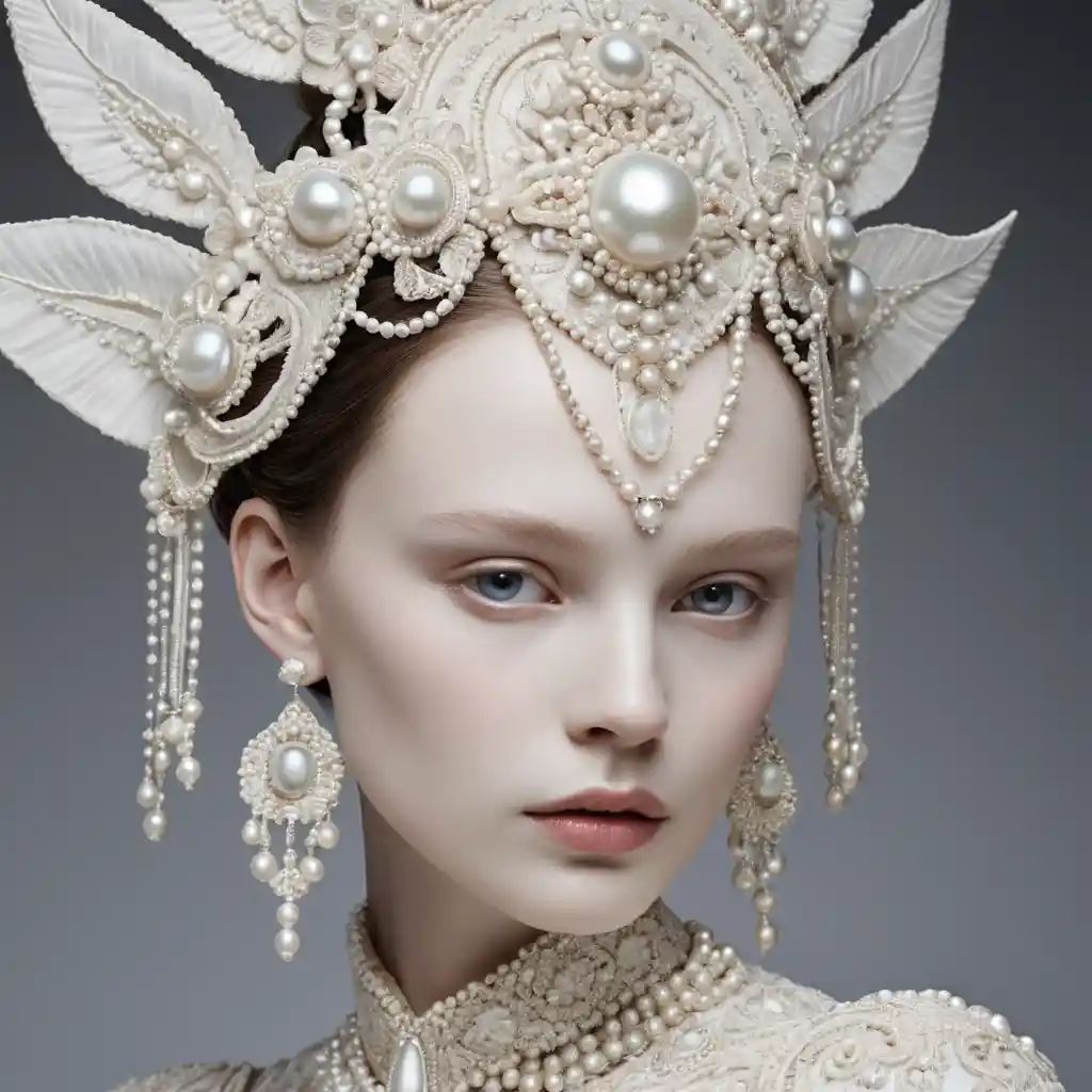 Ethereal pearl adorned woman in sculptural couture portrait
