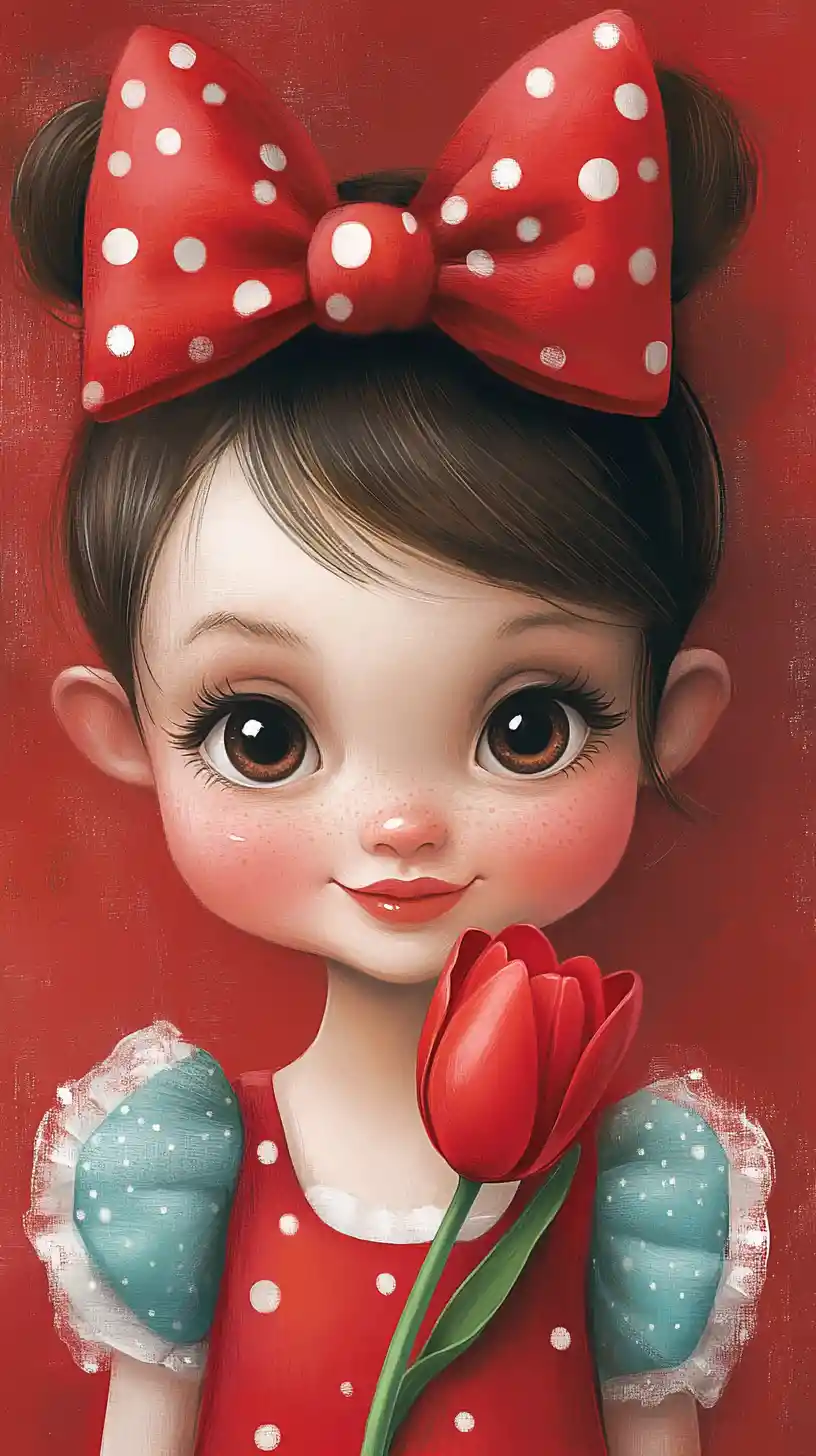 Cartoon girl with red bow holding a tulip