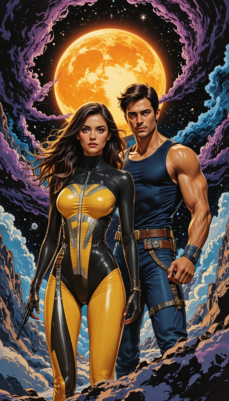 Retro sci fi duo standing against a surreal cosmic sky