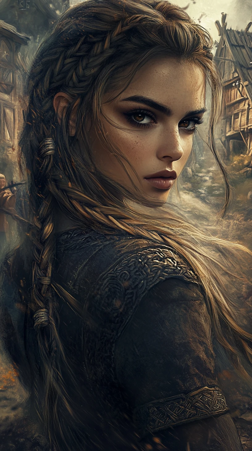 Femme d’inspiration viking aux tresses dans un village rustique