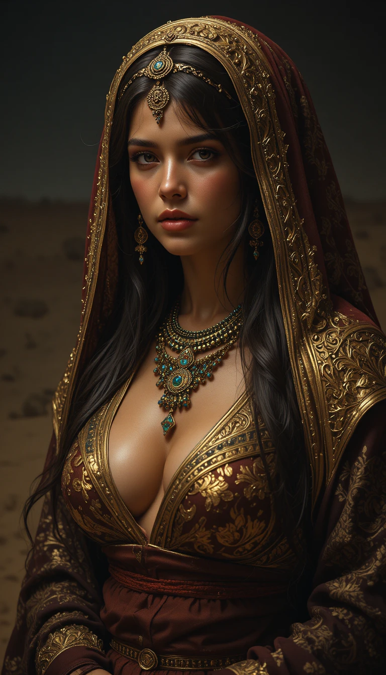 Nomadic Woman In Gold Trimmed Robes In A Desert Scene
