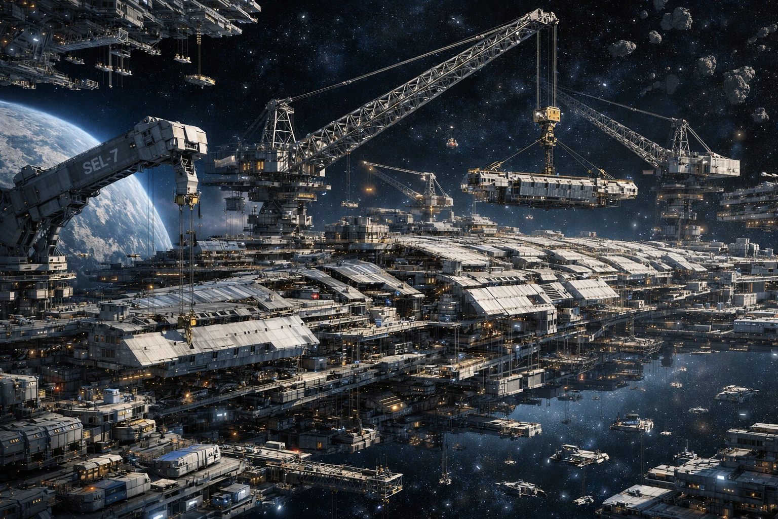 Gigantic spaceship factory constructing a colossal deep space vessel