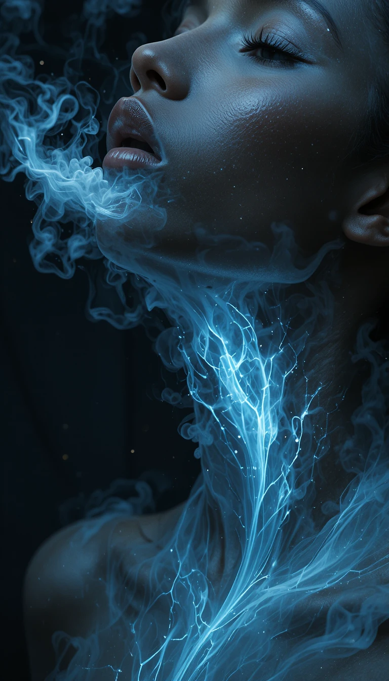 Surreal portrait of a woman exhaling ghostly luminous mist