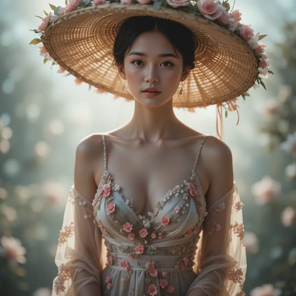 Young woman in floral dress with straw hat and shawl