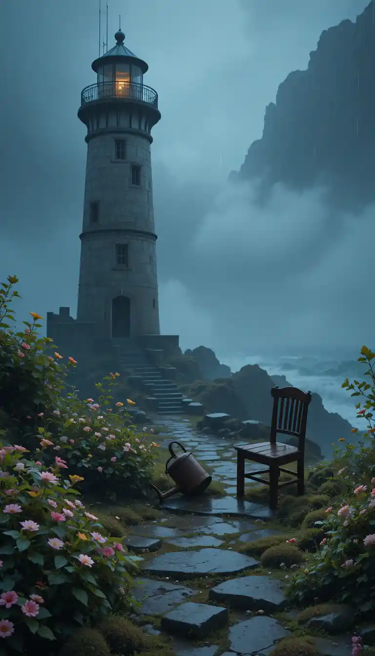 Abandoned Lighthouse By A Rainy Rocky Shore At Night
