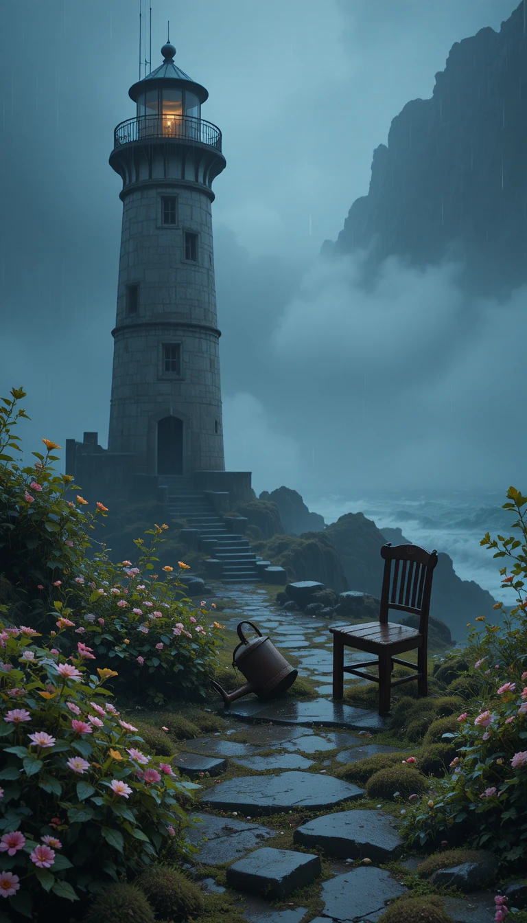 Abandoned Lighthouse By A Rainy Rocky Shore At Night