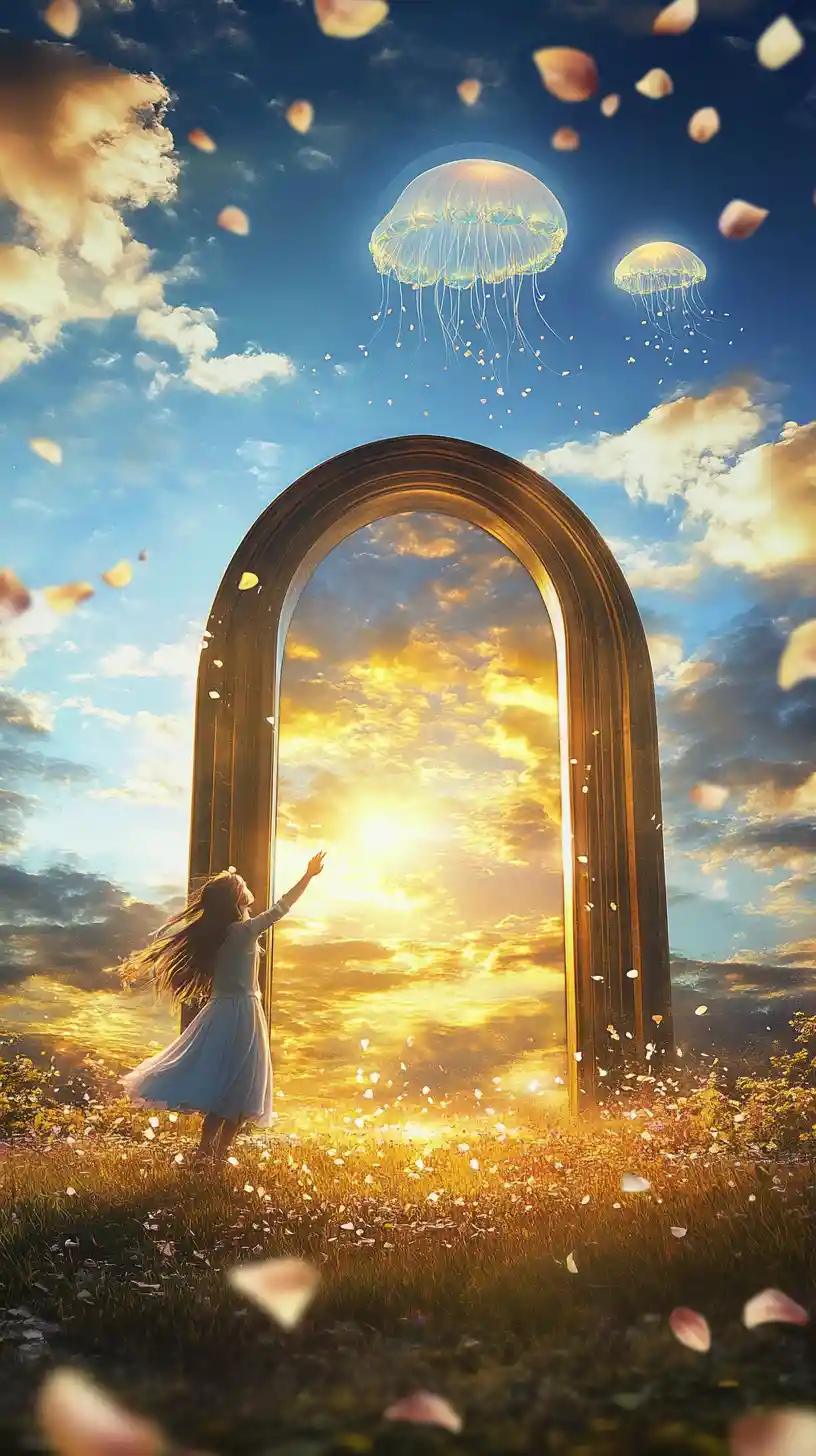 Girl reaching toward glowing portal window in surreal meadow