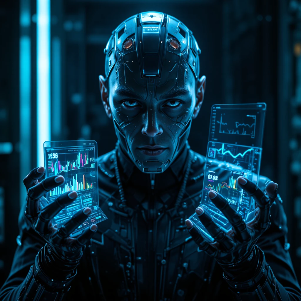 Advanced android with holographic trading screens in darkness